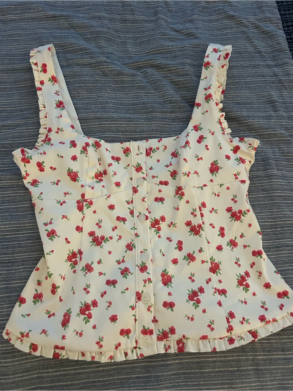 Zara Floral Button-Front Tank Top - White with Red Rose Print XS NWOT